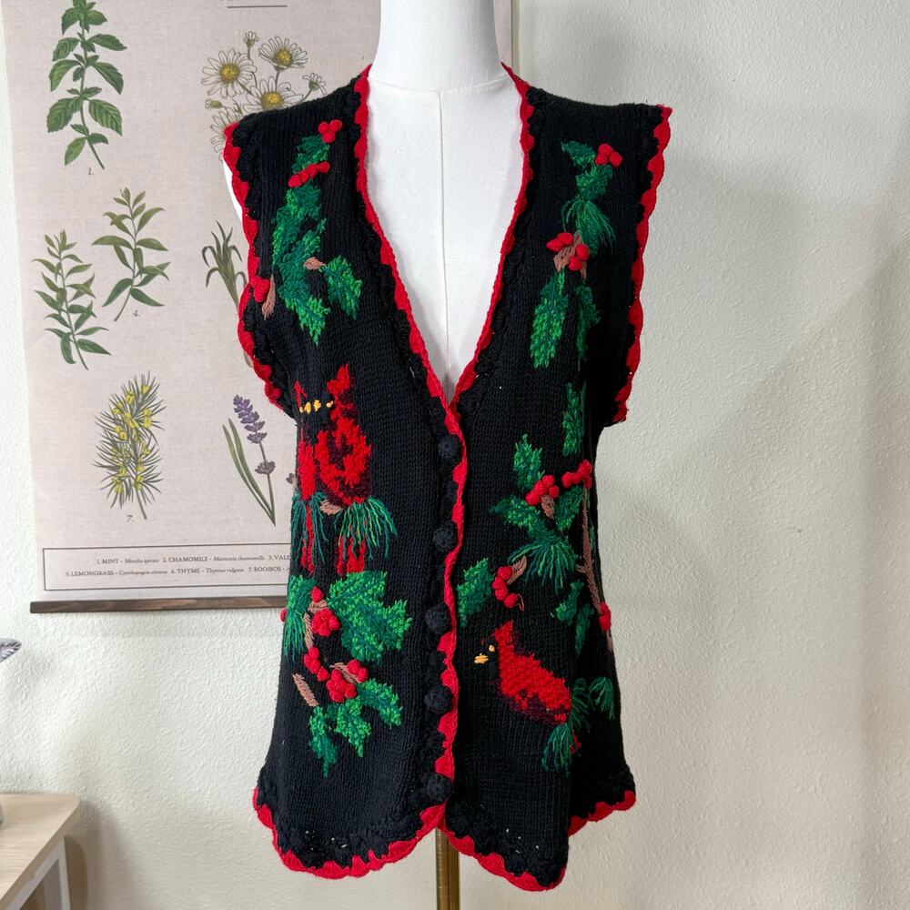 Vintage 90s Cardinal Embroidered Hand Knit Sweater Vest Cottage Grandma S SP